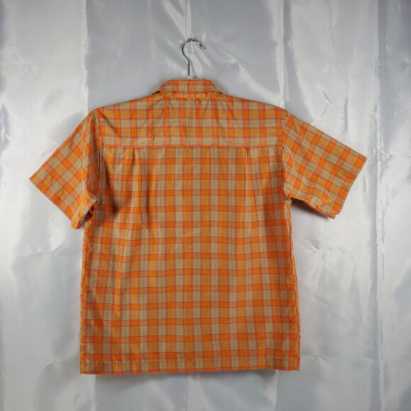 Point Zero Button Up Short Sleeve Shirt Orange Tan Plaid 1 Pocket Youth Sz M - Picture 2 of 5